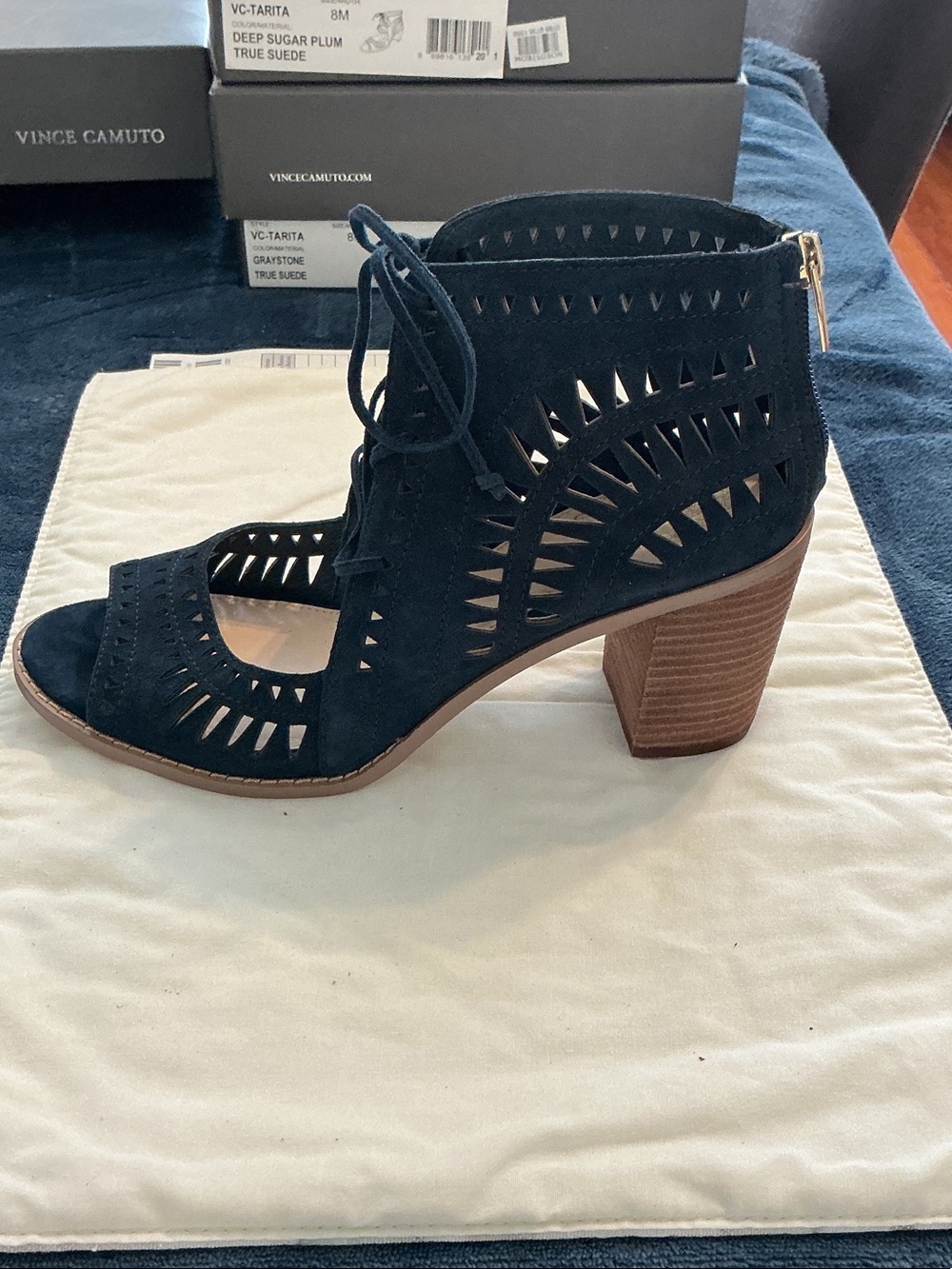 Vince Camuto Navy Suede Laser-Cut Lace-Up Open-Toe Block Heel Bootie